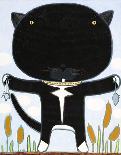 박형진_좌쥐우새 Cat Holding a Rat on the Left and a Bird on the Right_2017_acrylic on canvas_117x91